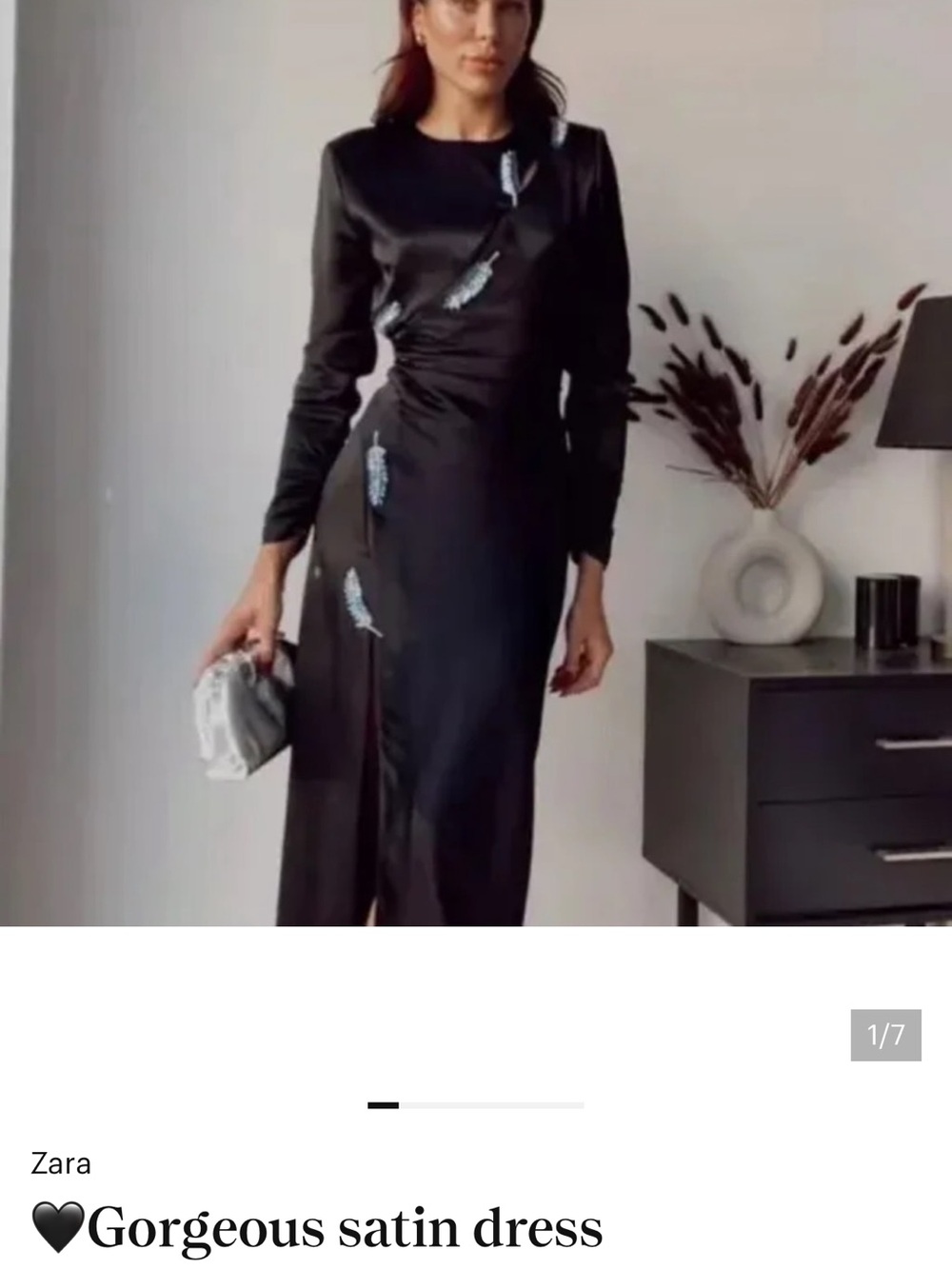 Zara Black Satin Long-Sleeve Sequin-Appliqué Midi Dress